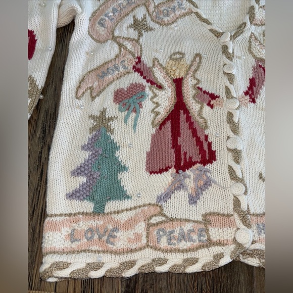 Vtg Stitches In Time QVC 2XL Embellished Cardigan Sweater Angels Peace Love Hope - Picture 9 of 13